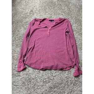 Chaps Denim Pink Navy Striped Henley Top Long Sleeve Lace Trim Cuffs Small